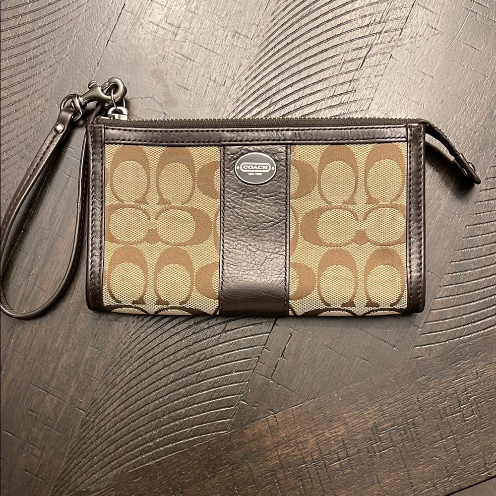 Coach Khaki and Brown Signature Phone Wristlet